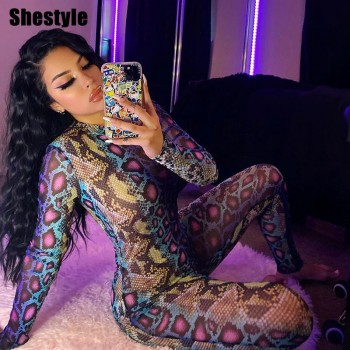 Shestyle Jumpsuits Sexy Snake Print Women 2020 Autumn Bodycon Fitted Outfits Button Stretchy Coloful Rompers Long Sleeve